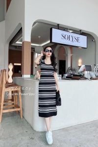 Toply shop COD + GRATIS ONGKIR  / Dres wanita korean style  / Midi Dres garis garis / Dres rajut premium