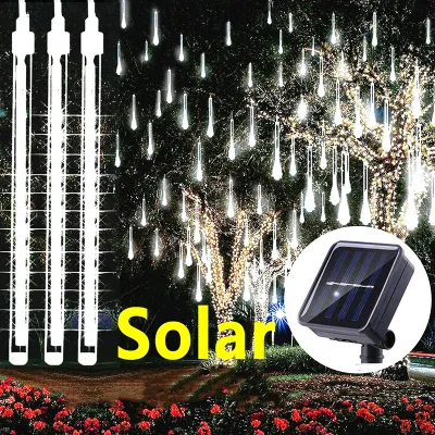 Solar/Plug in meteor tube waterproof 8 tube meteor shower lamp Christmas Ramadan decoration Christmas tree decoration Rainbow lights for outdoor courtyard garden and shopping mall decoration