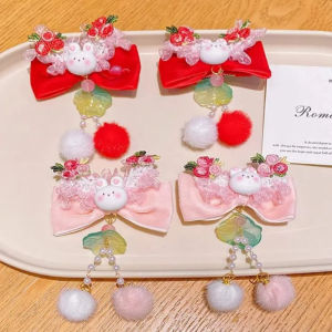 JEWELRG Rabbit Childrens New Year Hair Clip Bowknot Cute Plush Fringe Hairpin Cosplay Hanfu Headwear Chinese Style Barrettes Kids