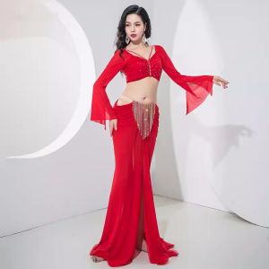 Womens Belly Dance Costume Elegant Style Bright Diamond Fishtail Skirt Advanced Performance Costume Set