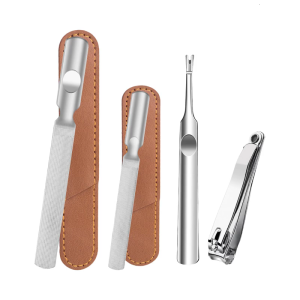 4 nhiều món bằng thép không gỉ giũa móng ngón tay làm sạch da Fork Pusher dụng cụ vẽ móng với ổ lưu trữ di động trường hợp