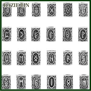 RAZIE BIN ชุดอักษรรูนไวกิ้ง24ชิ้นลูกปัดแบบหลวมสำหรับผมถักเปียลูกปัดเดรดล็อกสำหรับทำเครื่องประดับ DIY