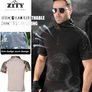 Mens Tactical Combat Shirt Short Sleeve Zip Up Quick Dry Military Shirt for Hiking Hunting (S-3XL)