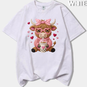 Cute Pink Bow Highland Cow Bubble Tea Print T Shirt Women Cartoon Cow With Hearts Cotton Crew Neck Summer Casual Tee