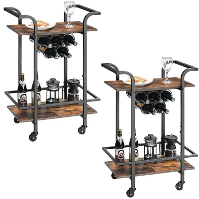 Coffee Tea Table With Wine Rack Bar Cart Home Bar Serving Cart 2-Tier Drink Cart with Lockable Wheels Movable Wood Side Table Wine Cart Trolley Tea Table With Wheels Small Spaces Rolling Cart For Hotel /Home Living Room Bedroom Party Bar Rustic