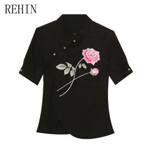 REHIN Summer new embroidered Retro-style slim-fit short-sleeved T-shirt high-end elegant slim S-3XL tops