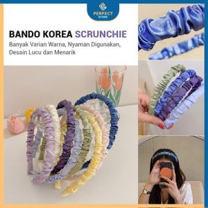 Bando Korea Scrunchie Kerut Satin Polos Headband Warna Pastel