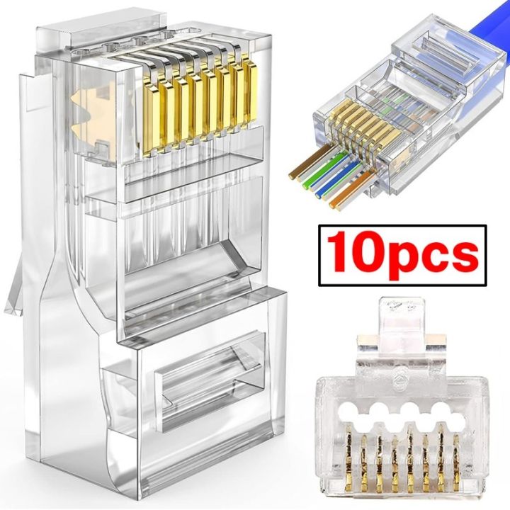 10Pcs Transparent Gold Plated Crystal Heads Cat6/5 1000Mbps RJ45
