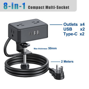 8-in-1 Desktop Socket Desk Clamp Power Strip Heavy Duty Extension Cord With 4 Outlet 2 Type C 2 USB Fast Charging 2m Extension Wire Surge Protector Fireproof For Home Office Hotel