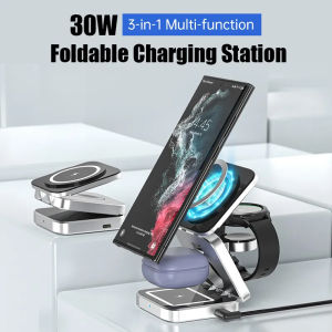 Foldable 3 in 1 Wireless Charger Stand for Samsung Magnetic Fast Charging Dock Station