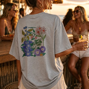 [Local Stock] HBESTY  Floral Crew Neck Short Sleeve Cotton T-Shirt Relaxed Fit Gray Botanical Illustration Have A Lovely Day Flowers Leaves Berries