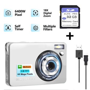 Digital Camera 4K Camera 64MP 18X Vlogging 180° Flip Screen Selfile Video Camera Anti-Shake Live