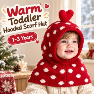 SIXIS Thickened Toddler Hooded Scarf Hat Warm Windproof Baby Warm Pompon Beanie Fashion Integrated Winter Red Knit Hat 1-3 Years