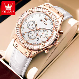OLEVS Fashionable Elegant Womens Watch New Original Genuine Diamond Waterproof Luminous Quartz Leather Strap Chronograph Calendar Attractive