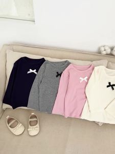 Childrens Spring and Autumn Outfit Korean Style Bowknot Round Neck Long Sleeve t Girls solid color versatile base shirt trendy