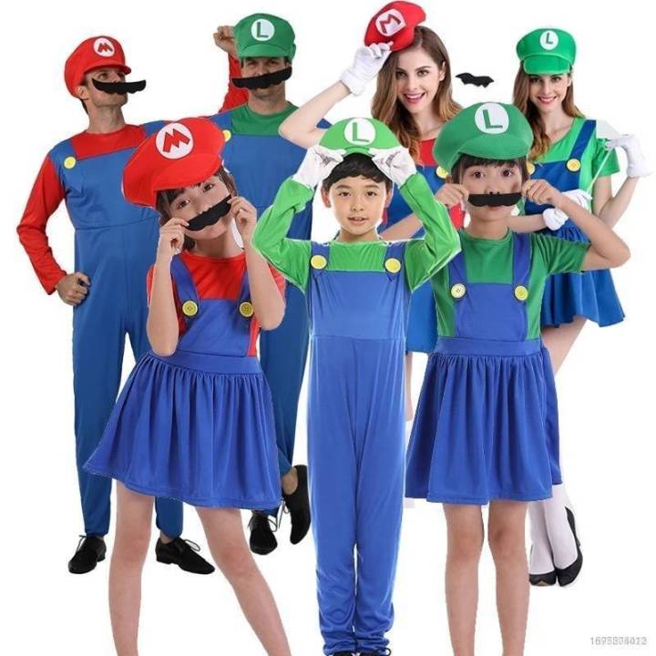 Aomig Kostüm, 4 Stück Bros Cosplay mit Mütze Hose Bart Handschuhe, Kostüm Set Männer Damen, Erwachsene Outfit Kostüm für Weihnachten Karneval Faschingskostüme (Rot,L