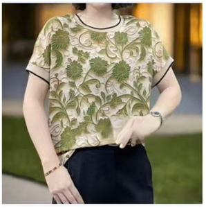 Three-Dimensional Flower Flower Style Top Casual Ice Silk Round Neck T-Shirts Womens Floral Short-Sleeved Shirts Mothers Day Gift