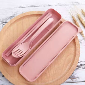 3in1 Cutlery Set Wheat Spoon Fork Chopsticks with Organizer Box Reusable Tableware / Set Peralatan Makanan
