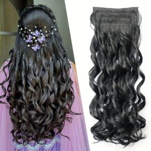 SUTONGXUE 4 PCS Toàn bộ đầu Tóc nối kẹp 20 inch Tự nhiên Tóc dài xoăn gợn sóng dày Phụ kiện tóc Vô hình Tóc giả tổng hợp dành cho phụ nữ