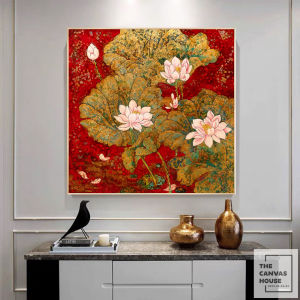 Tranh in Canvas Hoa Sen Phong Cách Indochine (Có hình thật - Đã có khung móc đinh treo) - The Canvas House