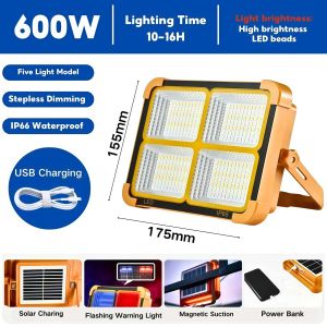 Solar Camping Light Outdoor Waterproof Ip66 Emergency Flood Lamp With Solar Panel Usb Rechargeable Portable For Sos Warning Hiking Outdoor Work Building Garage Night-Market