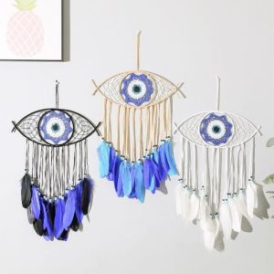 FUNG Handmade Dreamcatcher Blue Feather Creative Evil Eye Dream Catcher Wall Art Funny Macrame Wall Hanging Room