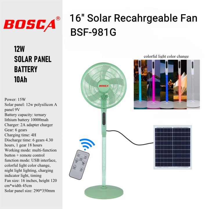 BOSCA 16 Inch 12v DC Standing Solar Powered Outdoor Rechargeable Solar Electric Fan With Solar Panel And Battery USB Charging and RGBW LED Lighting Remote Control BSF-981G