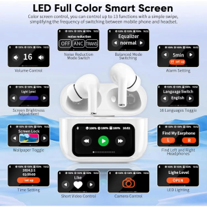 A9 Pro Wireless Earphones with Touch Screen Display ANC ENC Hi-Res Audio Bluetooth 5.4 Gaming Noise Digital Earbud