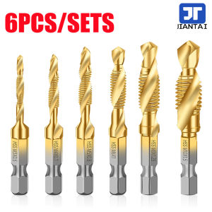 JIANTAI 6Pcs Tap Drill Titanium Plated Hex Shank HSS Screw Thread Metric Tap Drill Bits Screw Machine Compound M3 M4 M5 M6 M8 M10 Hand Tools