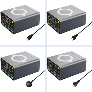 80W Digital Display Charger Dock with 4 USB and 4 Type C Port Support 15W Wireless Charging for Multiple Devices