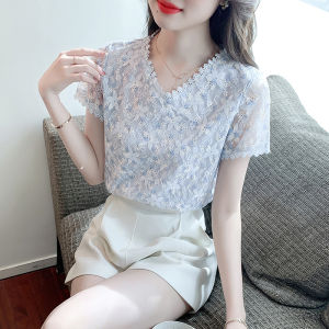 YIGE Áo Cánh Ren Cổ Chữ V Ren Mềm Tay Ngắn Áo Cánh Hoa Cỡ Lớn Phong Cách Mới Mùa Hè 2022 Cho Nữ