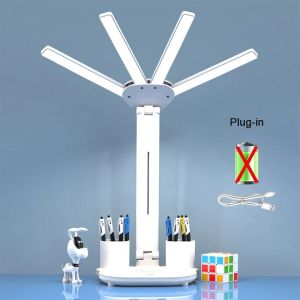 Rechargeable Desk Lamp for Study Reading Light Touch Dimming Led Clock Dispaly Reading Lamp 4 Heads Table Lamps with Fan 3 Colors in 1 Lamp