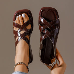 [Free Shipping] 2026 Summer New Low-Heel Flat Roman Sandals For Women Black Fashionable Versatile Square-Toed Flat Sandals For Women