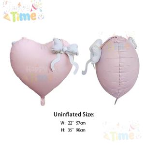 【Happy Time Combine Set】22 Inch Pink Heart Foil Balloons with Bow Wedding Birthday Valentines Day Baby Shower Christening Photo Props Party Decoration
