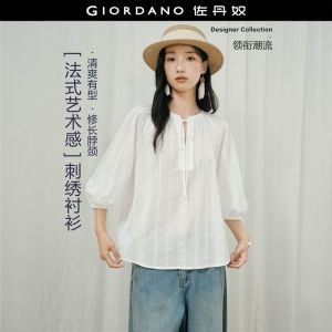 Giordano Women Eyelet embroidered cotton 3/4 sleeve blouse Free Shipping 18346726