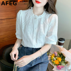 AFEG new Korean version round neck fashion loose all-match embroidered short-sleeved blouse for women