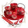 SpicyIcons Japanese Style Red Teapot Set Bowl Set Wedding House Warming Gift Set 石榴花多子多福日式和风结婚庆礼茶具对碗盖碗. 