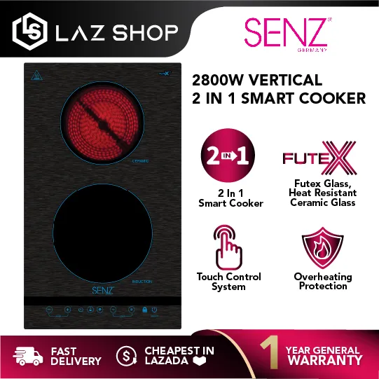 Senz 2800W Vertical 2 In 1 Smart Cooker SZ-VRC868i | Rubine 3000W Vitro-Ceramic Domino Glass Cooker RCE-VULCAN30-BL