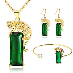 Hangdian thanh lịch hình con báo màu vàng kim Bộ trang sức với xanh ngọc lục bảo Dây chuyền mặt đá pha lê bông tai và vòng đeo tay cho phụ nữ