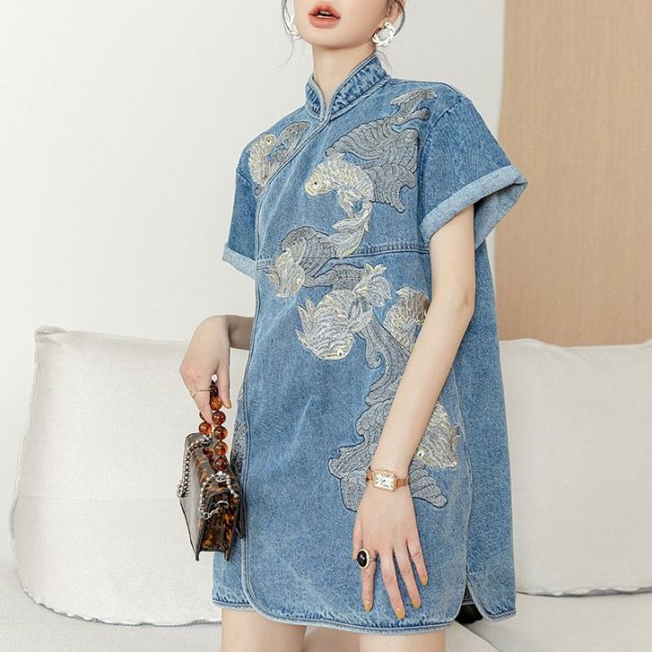102STANLEY Coco Women's Clothing New 2024 Plus Size Retro Chinese Style  Button Loose Qipao Daily Women's Design Small and Fashionable New Chinese  Carp Embroidered Denim Dress | Lazada Singapore