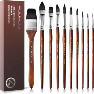10Pcs Fuumuui Watercolor Brushes Professional Synthetic Squirrel Hair Brush Set Variety Shapes with Round Pointed Wide Flat Cats Tongue Dagger for Watercolor Acrylic Gouache Inks Painting