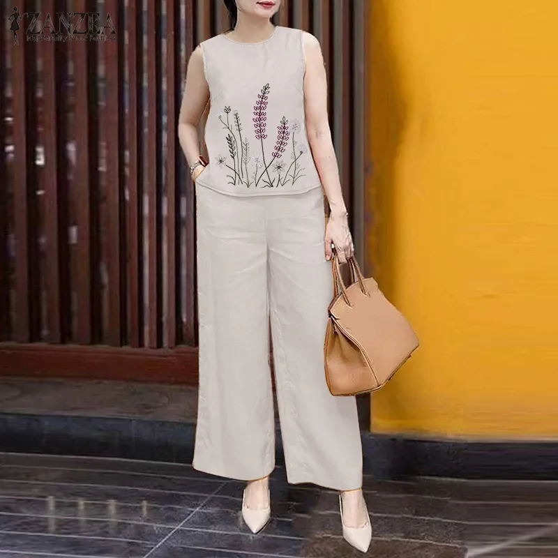 ZANZEA Womens Summer Holiday Sets Round Neck Floral Print Tanks