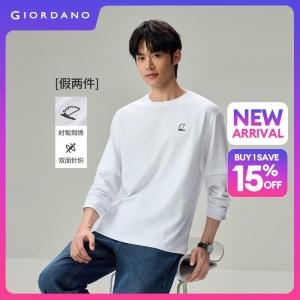Giordano Beau Monde Men Fake two-piece embroidery long sleeve tee Free Shipping 13026605