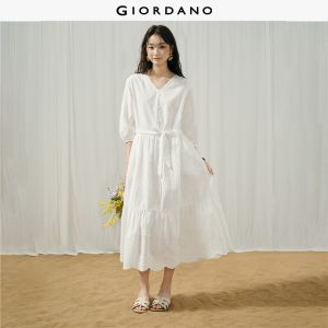 Giordano Women Embroidered cotton v-neck tie waist dress Free Shipping 18466728