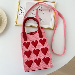 SKISOPGO Heart Knitted Mini Square Handbag Cute Mobile Phone Shoulder Bag Girls Outdoor Crossbody Bag
