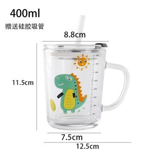 Gelas Anak Kaca Bening dengan Gagang dan Tutup Anti Bocor 400ml/Gelas Mug Gelas tumbler Lucu GRATIS SEDOTAN