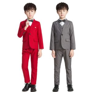lontakids 5Pcs Kids Boys Silm Fit Suit Formal Attire Tuxedo Wedding Party Gentleman Outfit Toddler Red Gray Dresswear