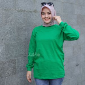 Kaos Polos Lengan Panjang Wanita Basic Hijau Fuji Atasan Jumbo Muslimah
