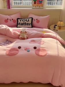 ins Cute Pig Towel Embroidered Washed Cotton Four-Piece Set Duvet Cover Bed Sheet Bedding Student Dormitory Three-Piece Set LZD
