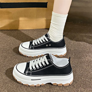 💖AngelCityes💖รองเท้าผ้าใบส้นหนาผู้หญิง สไตล์คลาสสิก วัสดุผ้าใบระบายอากาศ ส้นรองเท้าสูง 4 ซม. รองเท้านักเรียน จัดส่งจากประเทศไทย